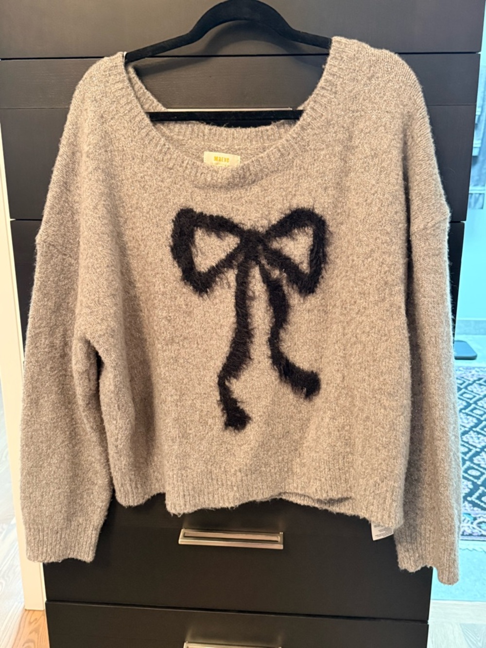 Anthropologie Gray Crewneck Sweater with Black Bow